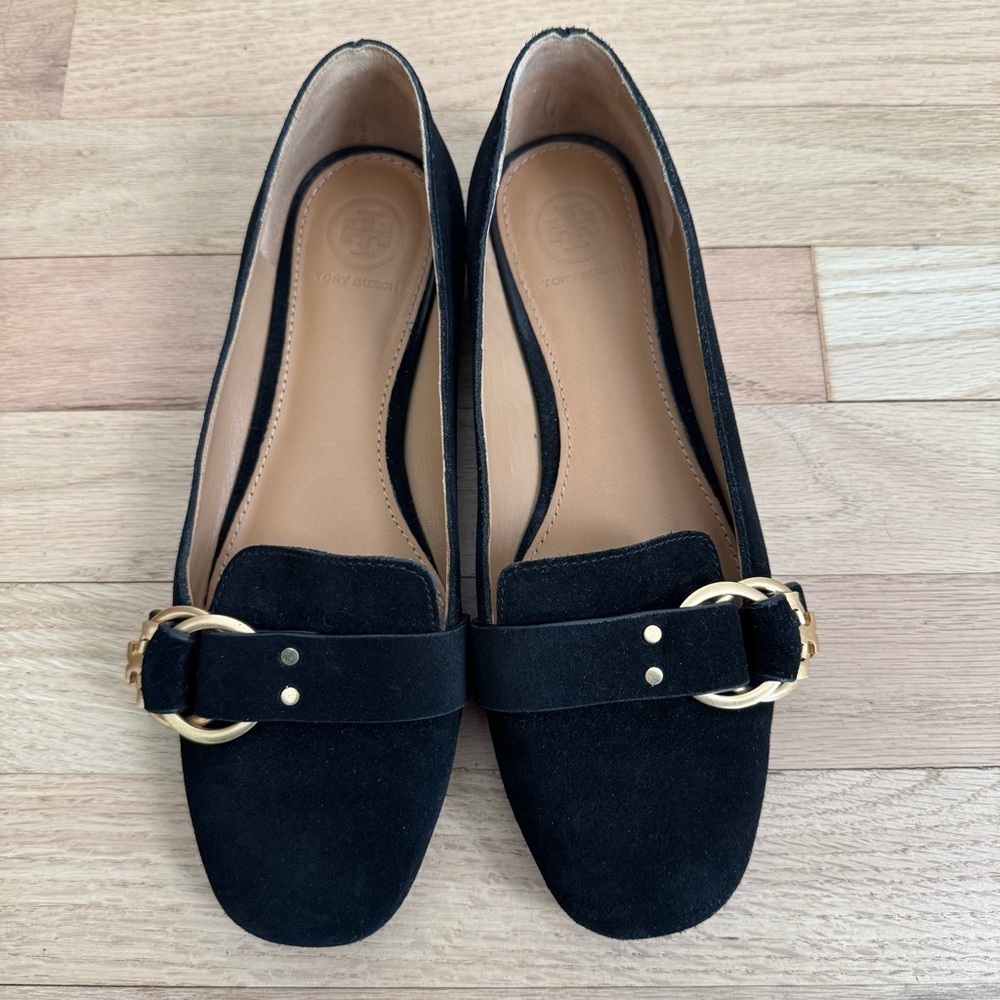 Tory Burch Marsden Black Suede Flats with Gold Logo Buckle Size 7 - Picture 2 of 7